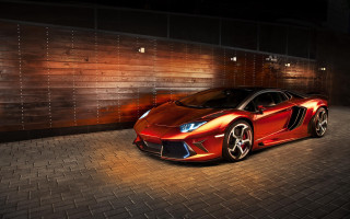 Red sports car night garage - a wooden wall behind free wallpaper