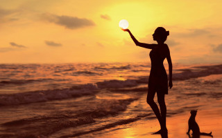 Woman beach sunset frisbee cat - nearby free wallpaper