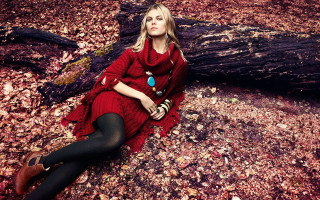 Woman red dress woods autumn - a tree trunk free wallpaper