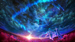 People field flowers stars clouds - two person free wallpaper