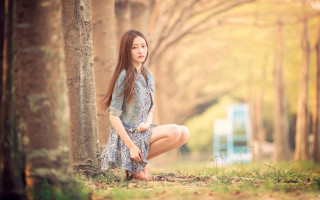 Woman kneeling woods bench nature - the background and a bench in the foreground free wallpaper