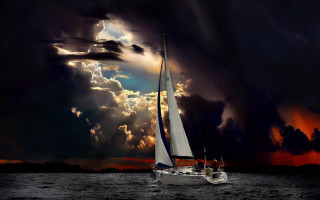 Sailboat ocean cloudy sky fullmoon - full free wallpaper