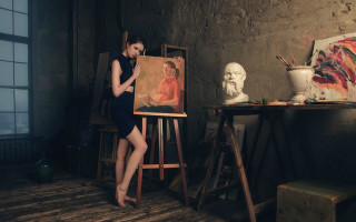 Woman black dress figurative art - a wooden floor free wallpaper