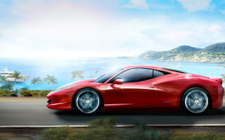 Red sports car ocean mountains 2 - matte drawing free wallpaper