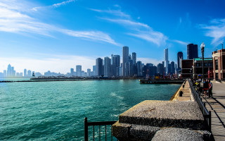 City skyline water pier beach - a few person free wallpaper