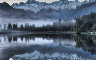 Lake mountains fog bird trees - a matte painting free wallpaper