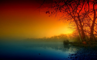 Lake trees red sky sunset - mystical free wallpaper