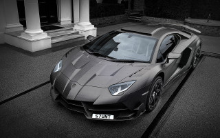 Grey sportscar columned building matte - the side of it free wallpaper