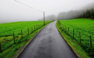 Fence road green field mountain - both side of it free wallpaper