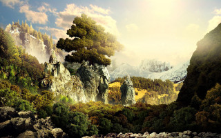 Mountain landscape trees sun clouds - tree and mountains free wallpaper