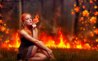 Woman field butterfly fire fantasy - matte fantasy painting free wallpaper