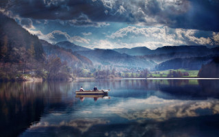 Lake mountains clouds boat person - a boat free wallpaper