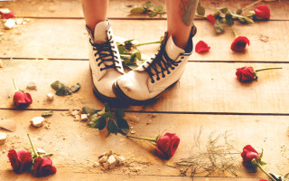 Person wooden floor flowers shoes - a wooden floor free wallpaper