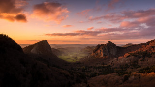 Sunset valley mountains clouds trees 2 - widescreen free wallpaper