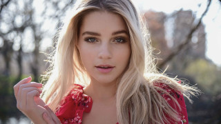 Blonde woman red dress park - a picture in a park free wallpaper