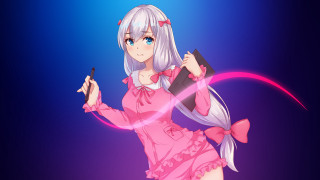 Girl pinkdress bluebackground blush longhair - a pink dress holding free wallpaper