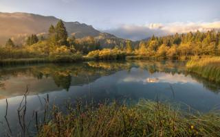 Lake trees grass mountain sunset - a matte painting free wallpaper for desktop