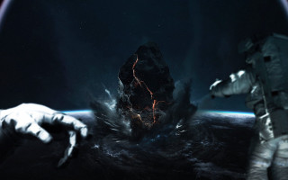Space astronaut rock formation aurora - a hand free wallpaper