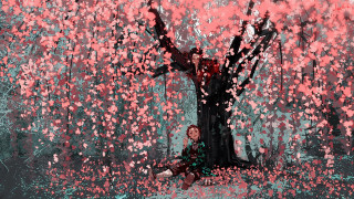 Woman sitting under pink leaves - art station free wallpaper