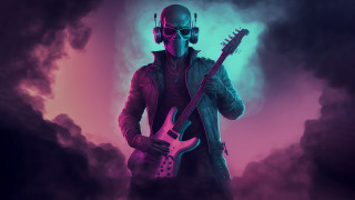 Man headphones guitar cloudy sky - synthwave style free wallpaper