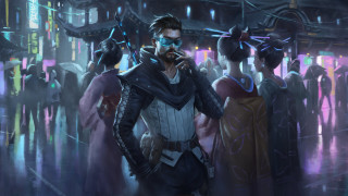 Futuristic man crowd neon city - a futuristic setting free wallpaper