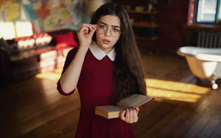 Girl red dress surprised glasses - glass free wallpaper