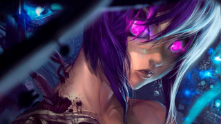 Purple hair glowing eyes cyberpunk - art free wallpaper