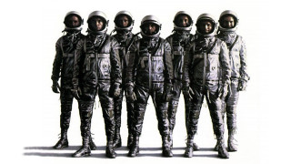 Group people space suits standing - a line free wallpaper