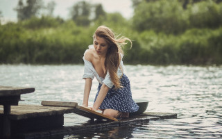 Woman dock water trees photorealistic - the water behind her free wallpaper