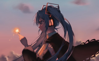 Woman sparkler blue hair clouds - long hair holding free wallpaper