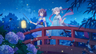 Anime girls bridge night lantern - official free wallpaper for desktop