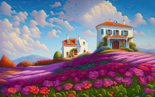 House hill flowers digital painting - a painting of a house free wallpaper