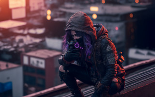 Purple haired woman cyberpunk sitting - her phone free wallpaper