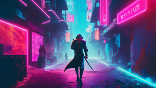Neon city cyberpunk man coat - a long coat free wallpaper