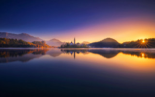 Lake church mountains sunset impressionist - ferenc joachim free wallpaper
