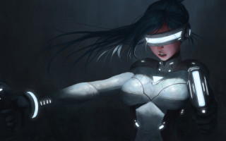 Futuristic woman cyberpunk armor gun - her right hand free wallpaper