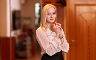 Woman white blouse black skirt - her chest free wallpaper