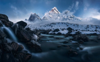 Snowy mountain waterfall rocks fantasy - a few rock free wallpaper for desktop