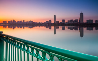 City skyline lake sunset bridge - blue sky free wallpaper