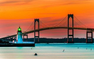 Bridge lighthouse dusk redsky cityscape - dennis ashbaugh free wallpaper for desktop