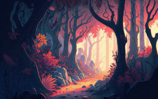 Forest path light autumn leaves - a painting of a forest free wallpaper