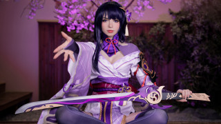 Purple woman sword flower kimono - cosplay free wallpaper
