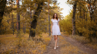 Woman white dress woods autumn 2 - the background and a path free wallpaper