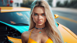 Yellow bikini sports car city - digital painting free wallpaper