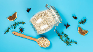 Oatmeal jar wooden spoon dried - blue free wallpaper