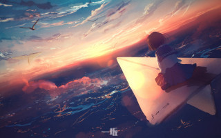 Girl sitting paperplane sunset ocean - overhead free wallpaper