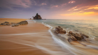 Beach rock formation sunset ocean 2 - impressionist free wallpaper