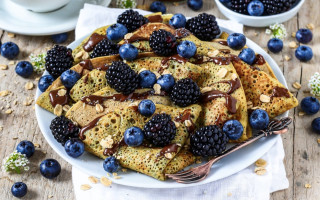 Pancakes blueberries syrup fork coffee - bourgeoi free wallpaper