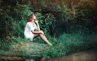 River forest woman white dress - magical free wallpaper for desktop