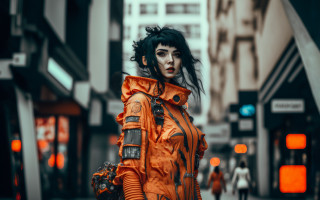 Orange outfit cyberpunk woman street - elsa bleda free wallpaper
